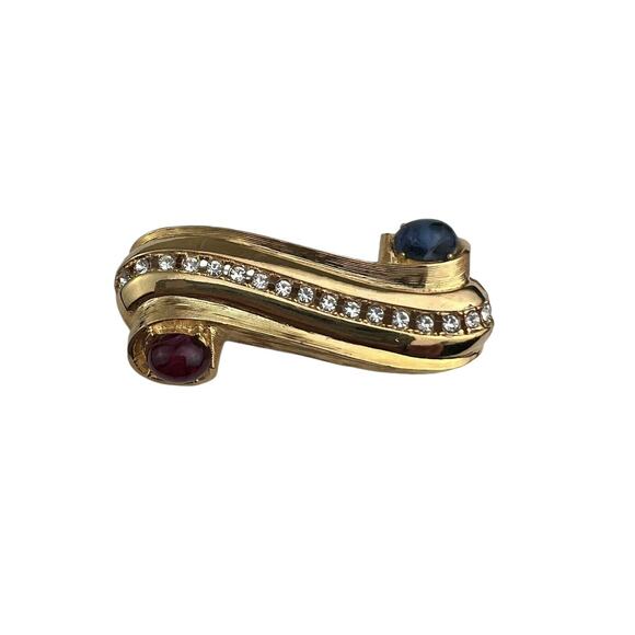 GIvenchy Vintage Gold Tone Brooch Red & Burgundy Cabochon Swirl Scroll - Picture 1 of 7